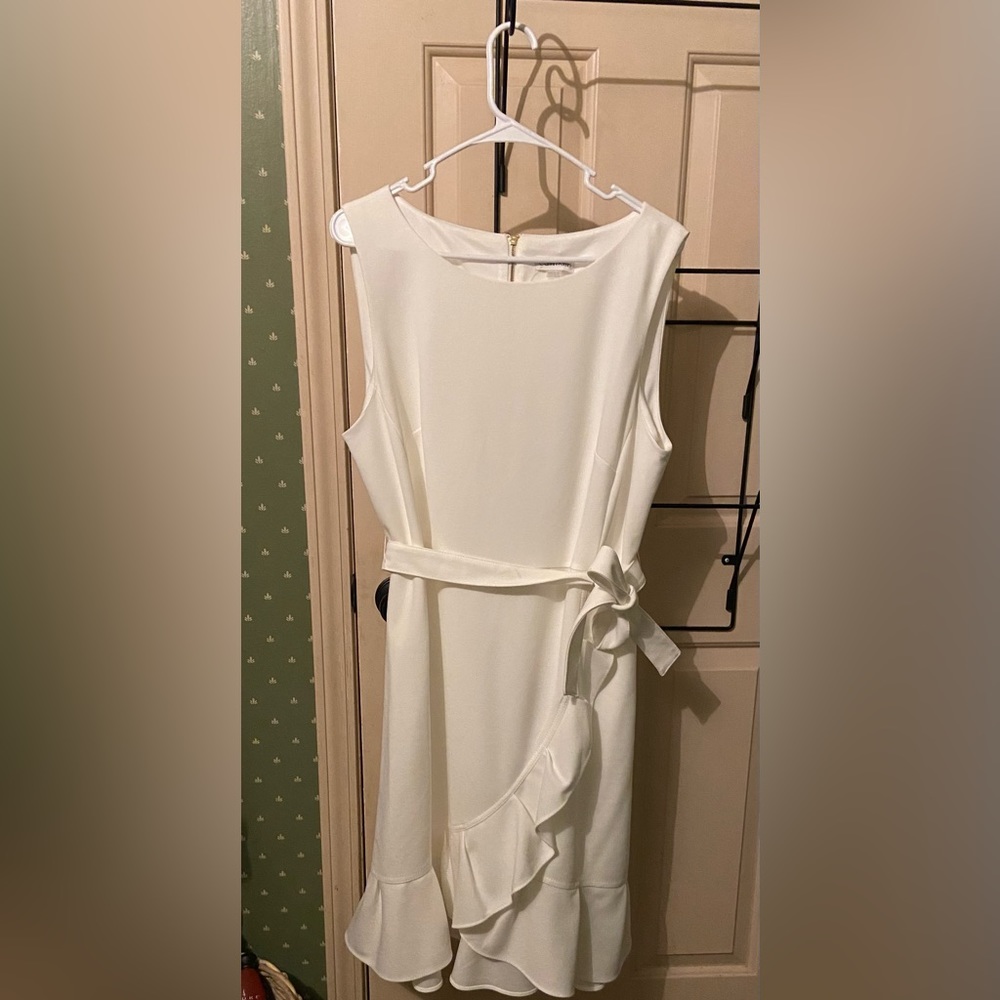 Soft White Calvin Klein Belted Frill Dress Size 16